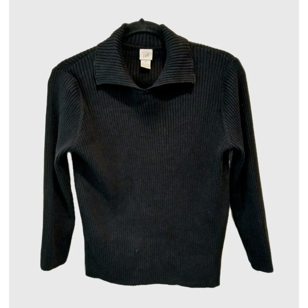 J. Jill Black Knit Johnny Collared Pullover Sweater 100% Cotton 3/4 Sleeve Med